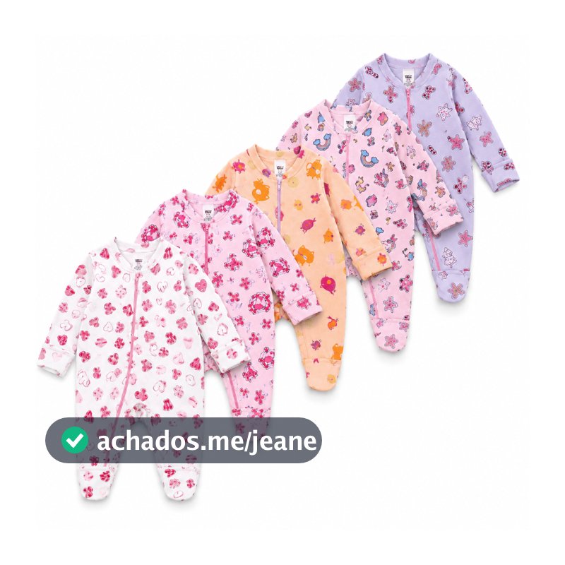 Kit 5 Macacão Estampado Ziper Menina Bebê Algodão Vira Pé Inverno Verao Infantil Macio Macacões