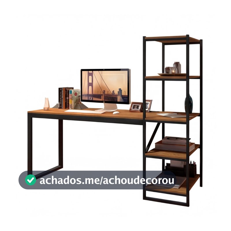 Escrivaninha Industrial com Estante Lateral 3 Prateleiras | Mesa Home Office Madeira  Cor Canela