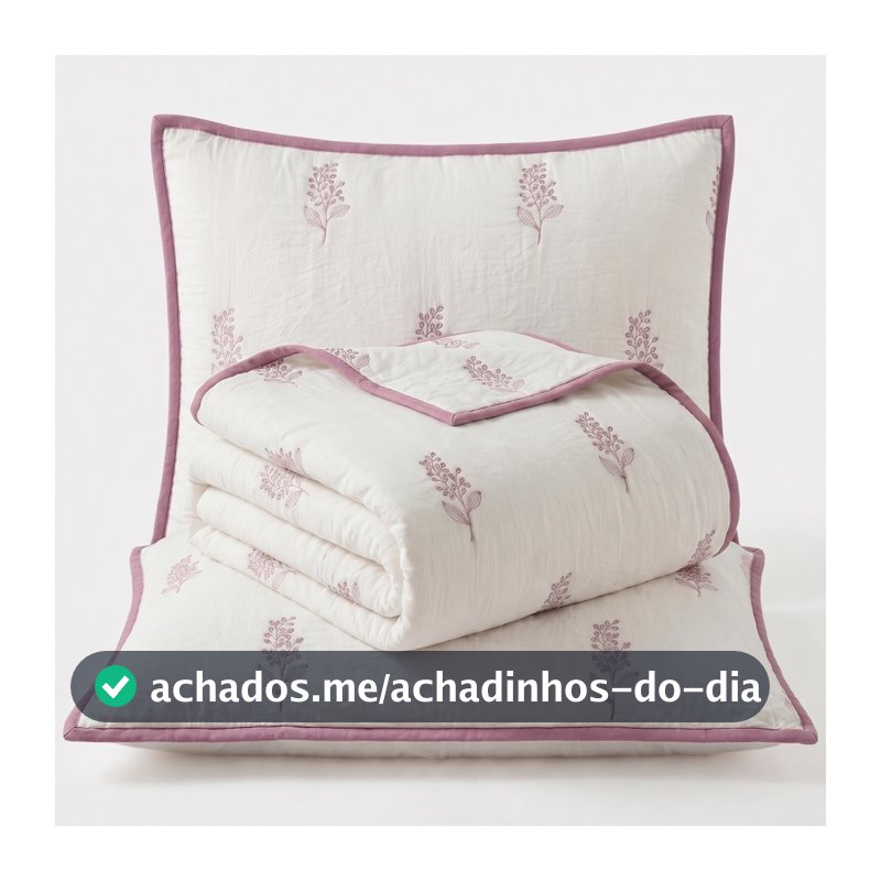 Kit Colcha Bordado Localizado Dupla Face Percal 300 Fios Charme 03 pecas