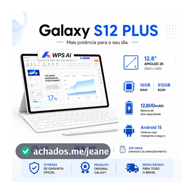 Tablet Galaxy S12 Plus  16 GB + 512 GB, 12,8 polegadas, bateria de 12,800 mAh 5G wifi | Trabalho e entretenimento