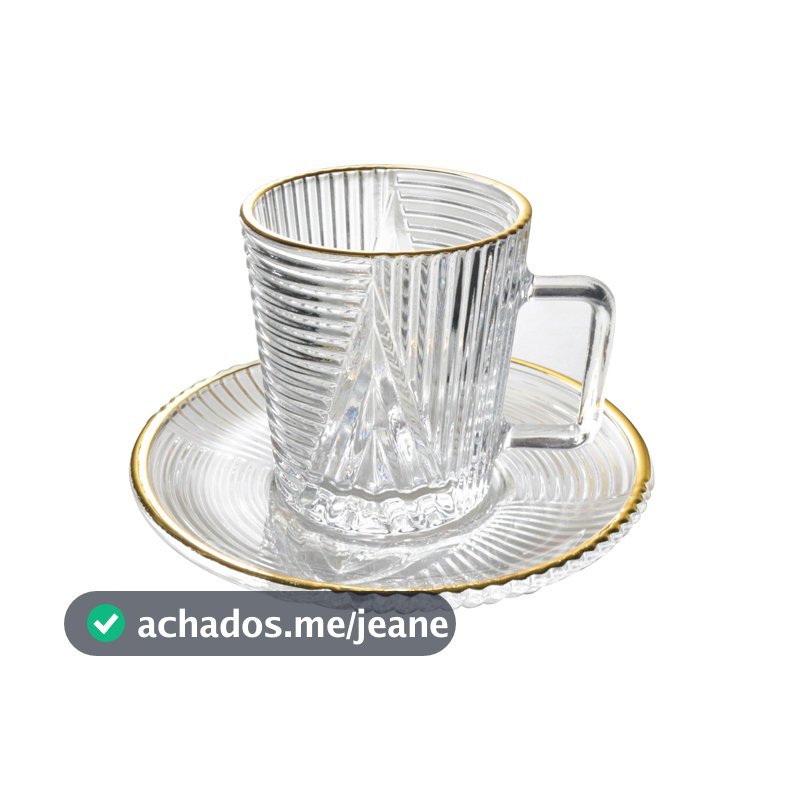 Jogo de 6 xícaras e pires de vidro com borda dourada imperial 90ML