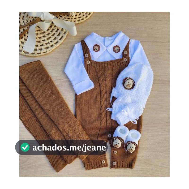 saída de maternidade menino jardineira marrom Tricot kit de leão 6 peças