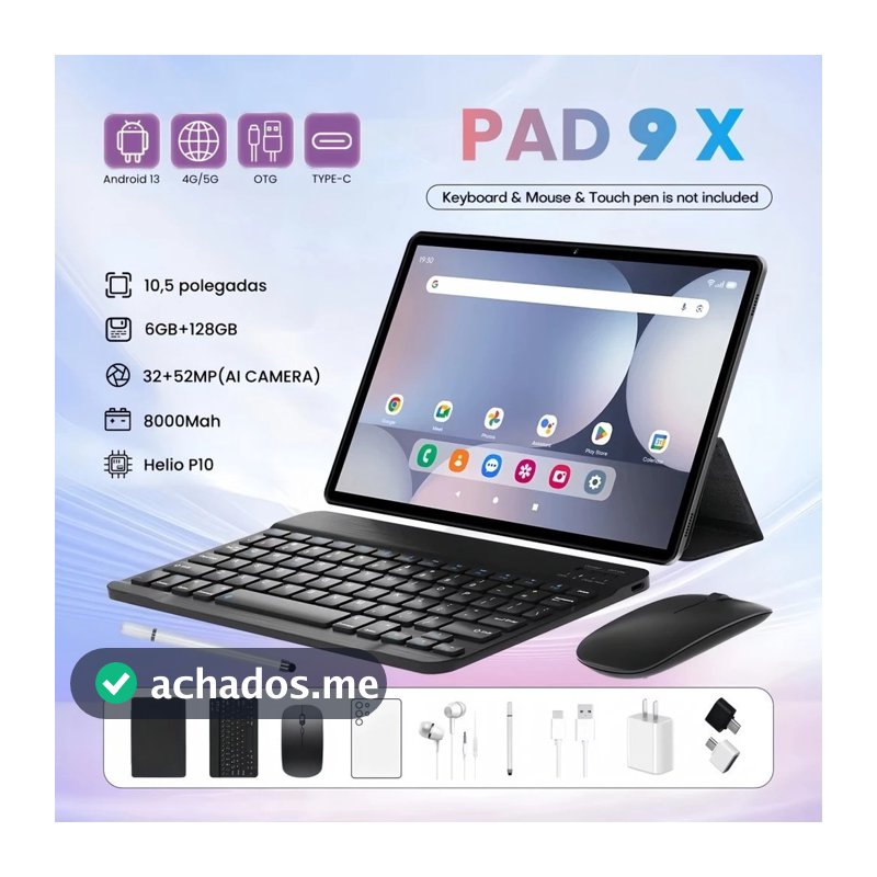 Pad 9X Tablet Android Tela Grande 10.5 FHD 6+128GB WiFi 5G Uso Trabalho Estudo 8000mah
