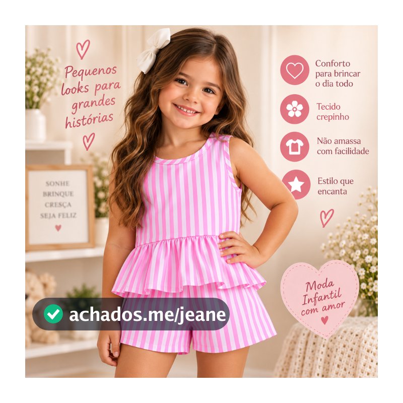 Conjunto Infantil Menina Verão Blusa Babado Short Crepinho Listrado Roupa Menina Look Infantil