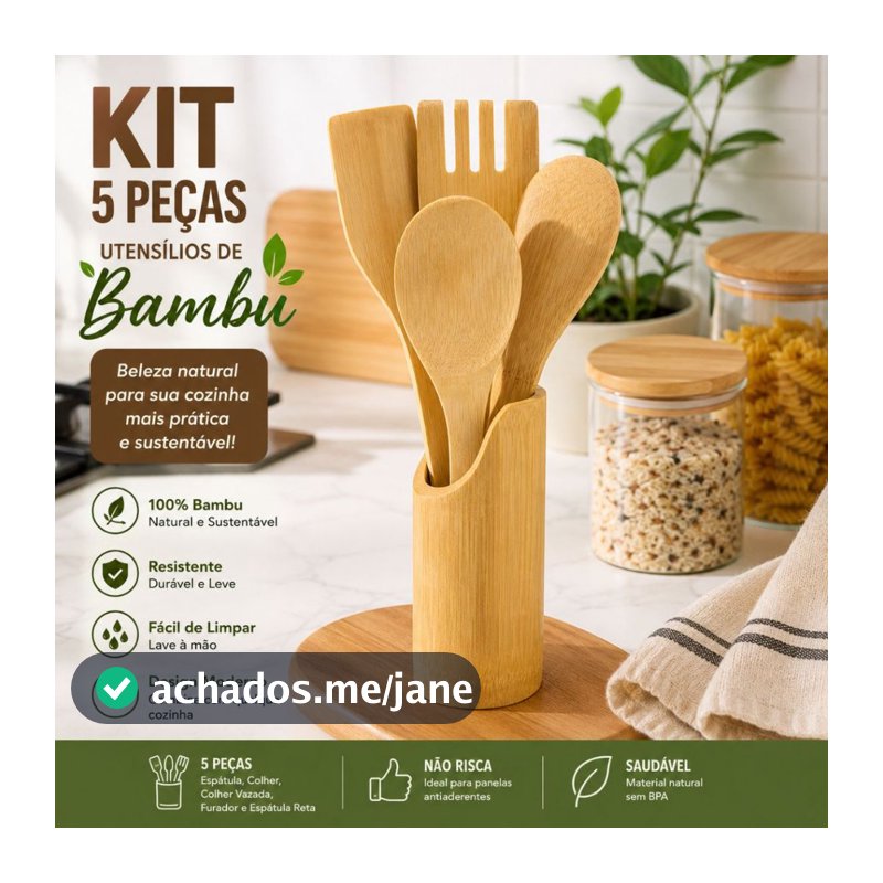 Kit Utensílios de Cozinha em Bambu 5 Peças Colher Espátula Concha Espumadeira Pegador de Madeira Duhome