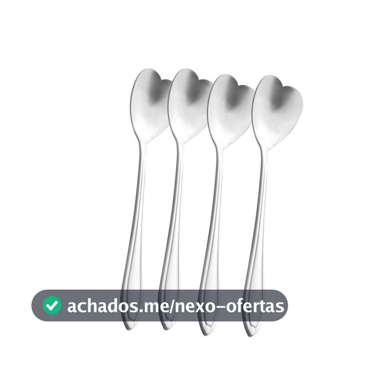 Conjunto 4 Colheres de Chá Coração Heart Wolff Aço Inox Prata 13cm Colher Café Sobremesas Mesa Posta Decoração Presentes