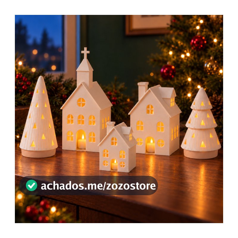 Kit Vila Natalina com Igreja e Árvores Decorativas Casinhas de Natal com Velas LED