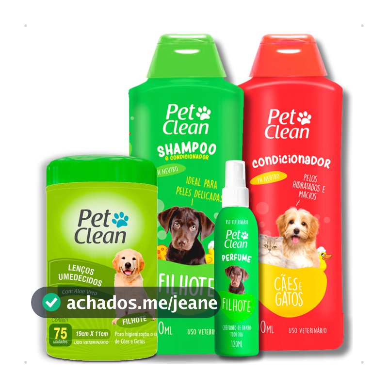 Kit Banho Pet Shop Shampoo Filhotes + Creme Condicionador + Perfume + Lenço Filhote Pet Clean