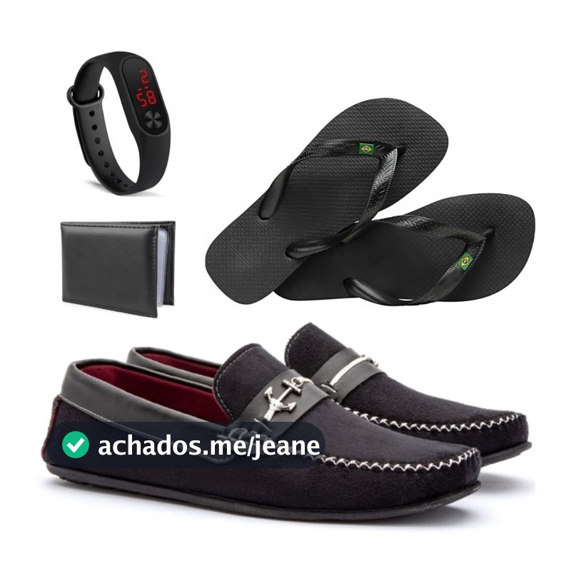 Kit 4 em 1 Mocassim masculino de camurça + chinelo + carteira e relógio