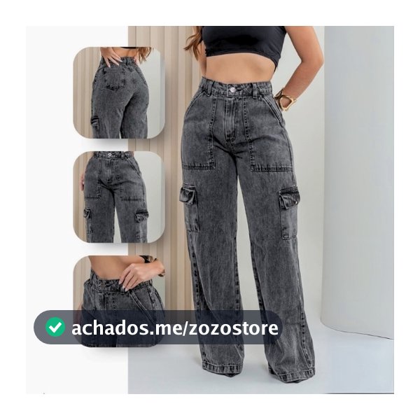 Calça Cargo Feminina Jeans Bolso Lateral Wid Leg 34 ao 44 Pantalona Cintura Alta