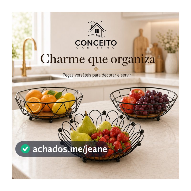 Fruteira de Mesa Acrílica Ferro com Bambu Bancada Cesta de Frutas Decorativa para Cozinha e Sala
