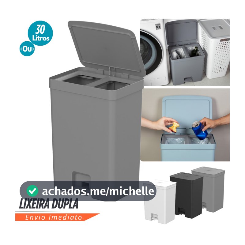 Lixeira de Pedal Trium 30L Duplo Compartimento Lixo Inteligente C/Sacos invisibilizados visual limpo