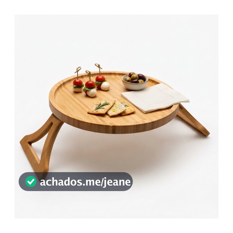 Bandeja Lyor de Bambu Dobrável para Braço de Sofá 25cm Suporte Flexível para Copos e Pratos na Sala Prática e Resistente