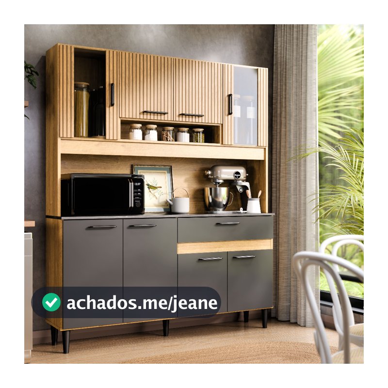 Armário de Cozinha Completa Coral 120cm Com Balcão de 8 Portas e Gaveta Compacta Com Detalhe em Vidro