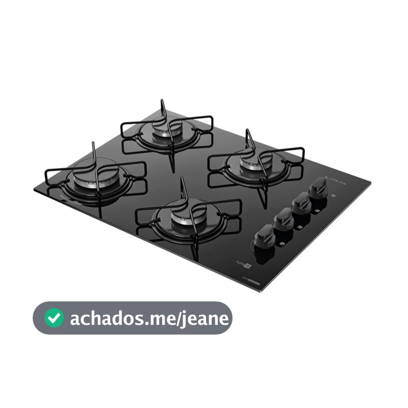 Cooktop 4 Bocas a Gás Atlas Agile Up com Mesa de Vidro e Queimador Mega Chama Preto Bivolt