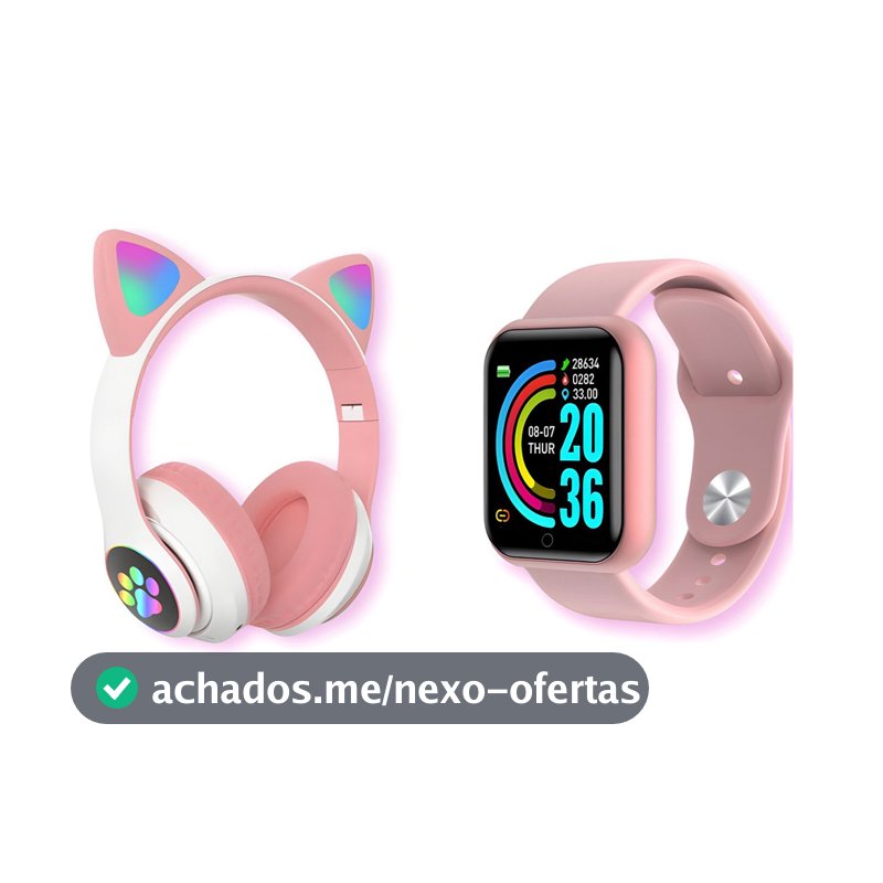 Fone De Ouvido Gatinho Led Bluetooth + Relógio Smartwatch Unissex