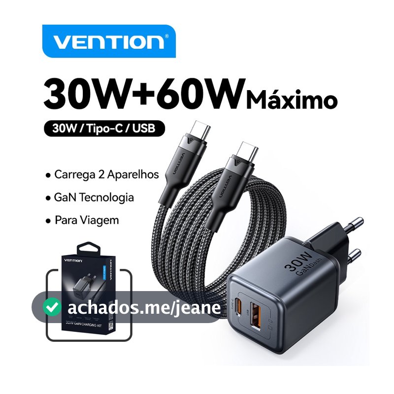 Carregador Rápido De Parede Vention USB-A 30w Turbo Type-C Com Cabo Cc