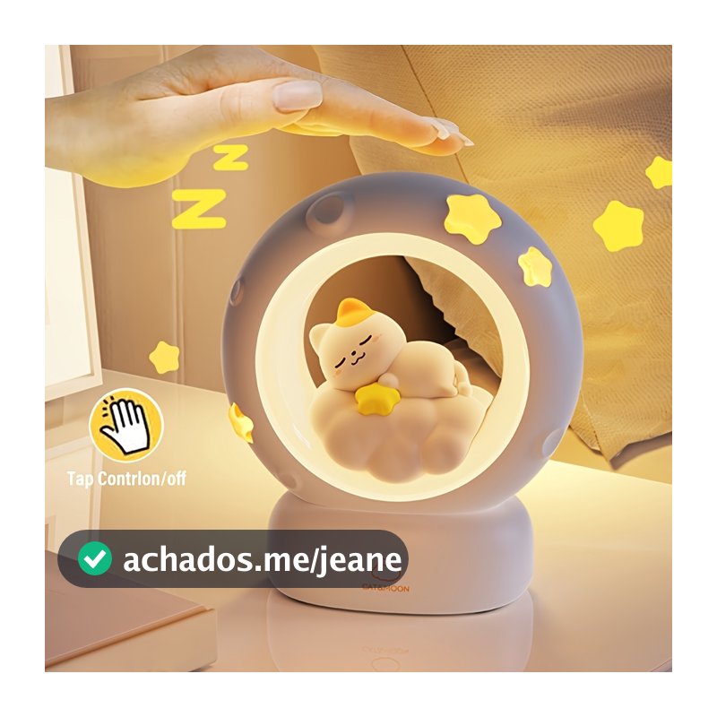 Luminária Noturna Abajur Gato fofo Estrelar - Luz Cabeceira Quarto Infantil, Luz Amamentação, Presente Menina