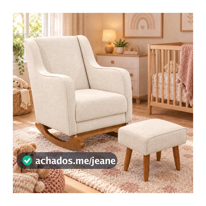 Poltrona de Amamentação com Balanço e Puff Aquila Linho para Quarto de Bebê DS Home