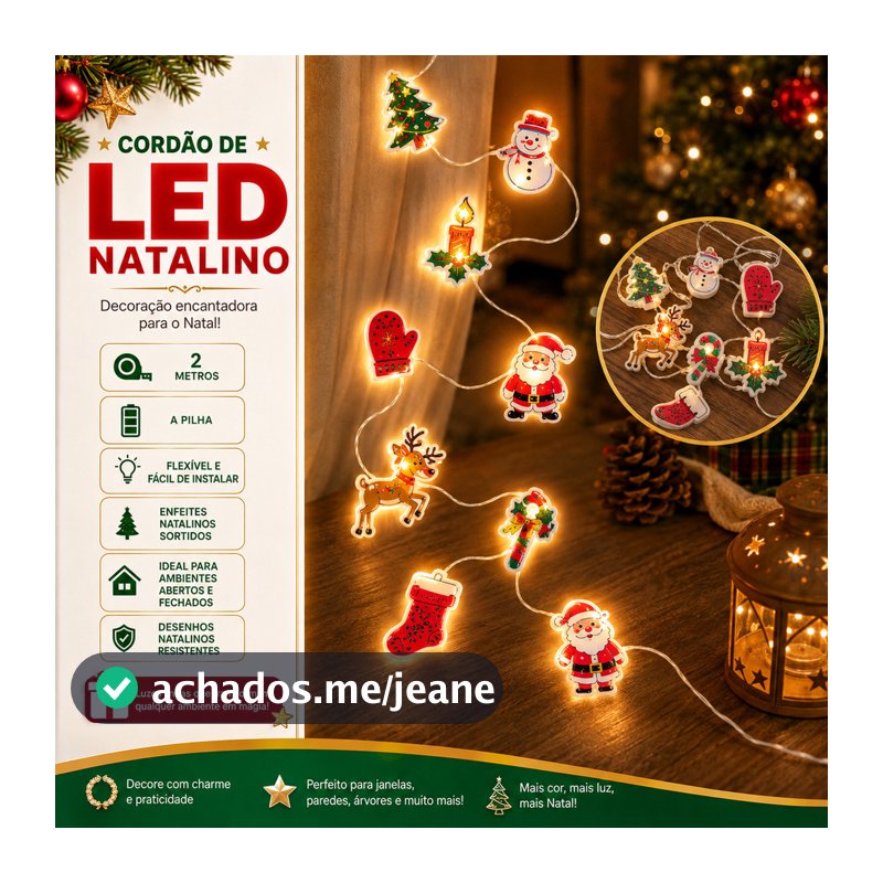 Cordão De Luz De Natal led 2 Metros Desenhos Diversos Luxo Metal com Luzes Natalinas