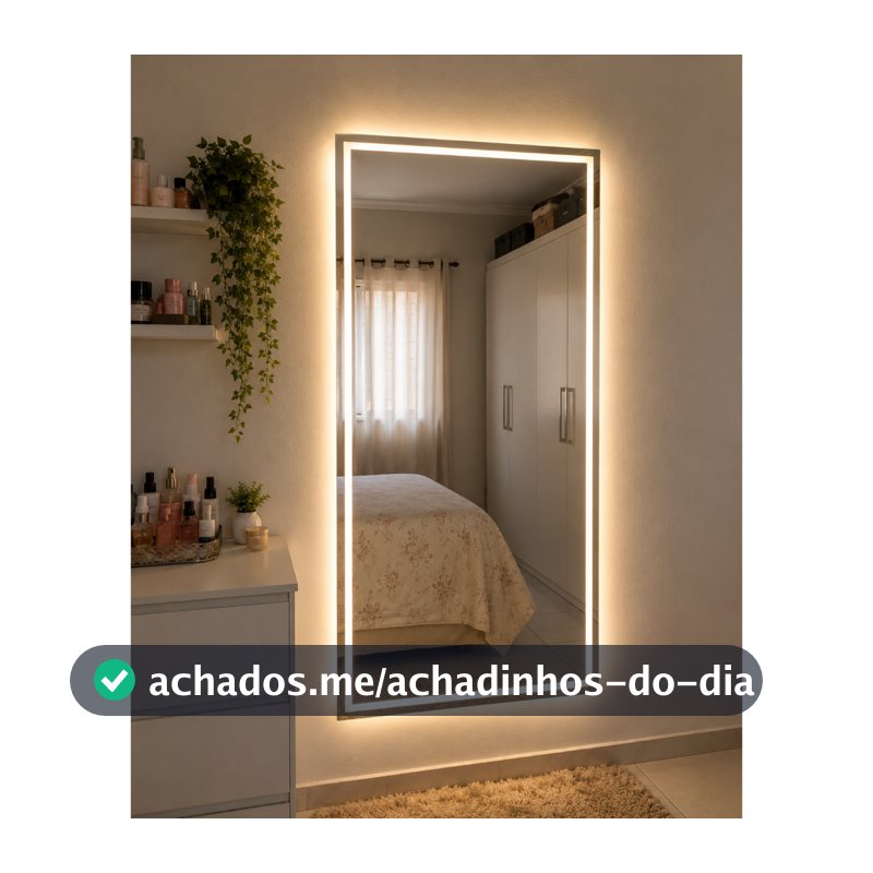 Espelho Retangular Jateado Fino 70x50cm Lapidado com LED 3 Cores Touch para Decoração Banheiro