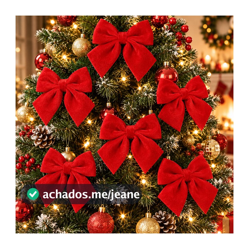Kit 6 Laços Natalinos Vermelhos de Veludo 14x15cm para Árvore de Natal Guirlanda Porta e Decoração de Casa