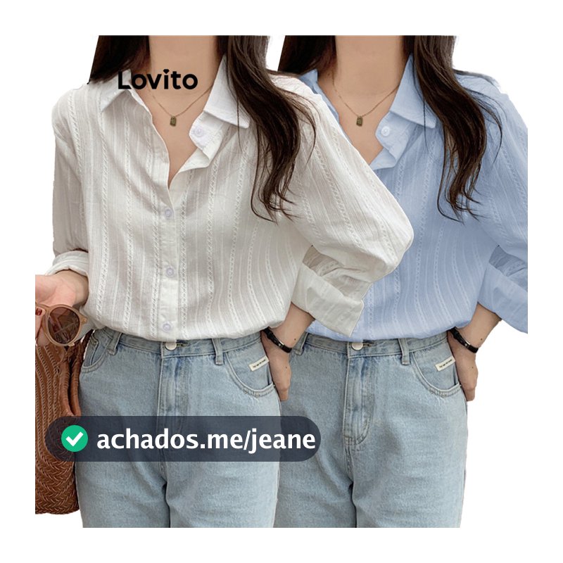 Lovito Elegante Blusa Lisa Jacquard Manga Comprida Blusa Feminina LNE27024 (Multicolorido)