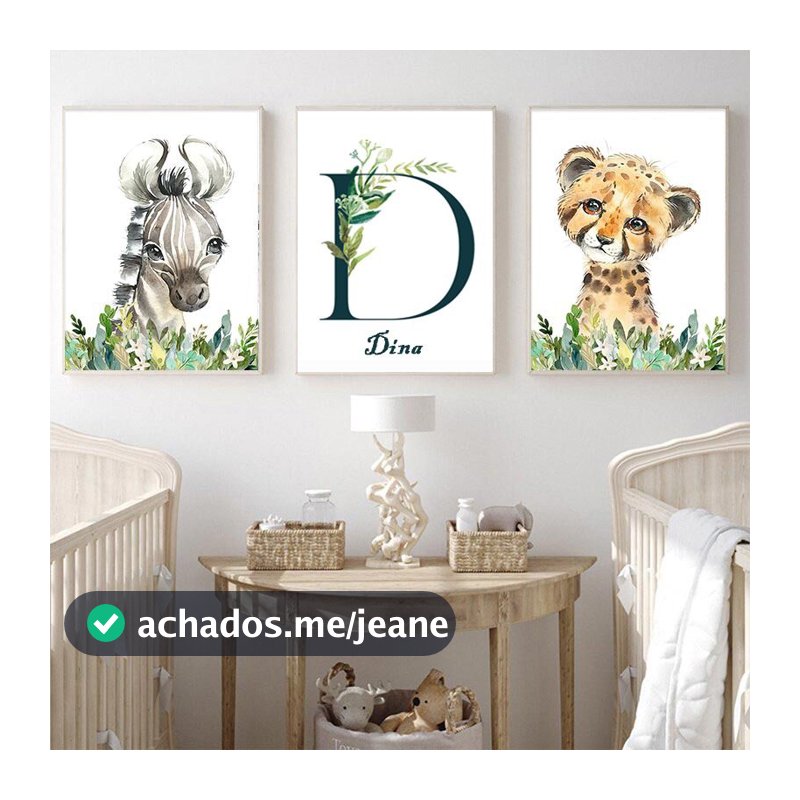 quadro decorativo infantil personalizado safari girafa zebra 3 peças