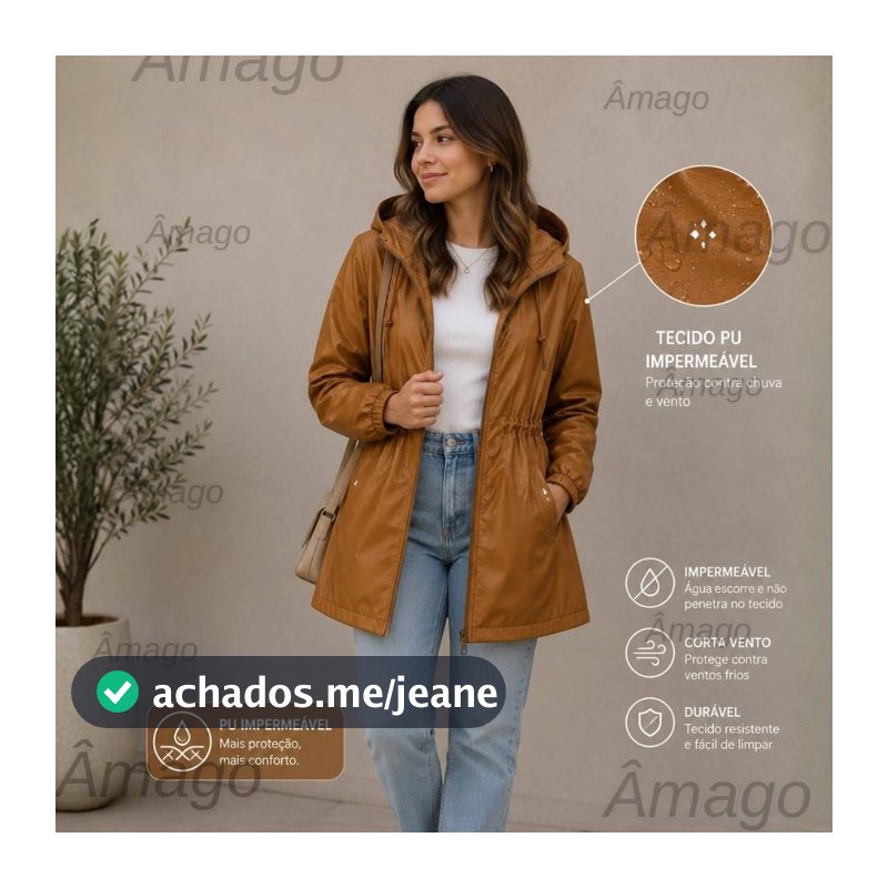 Parka PU Impermeável feminina Capuz Removível Forrada