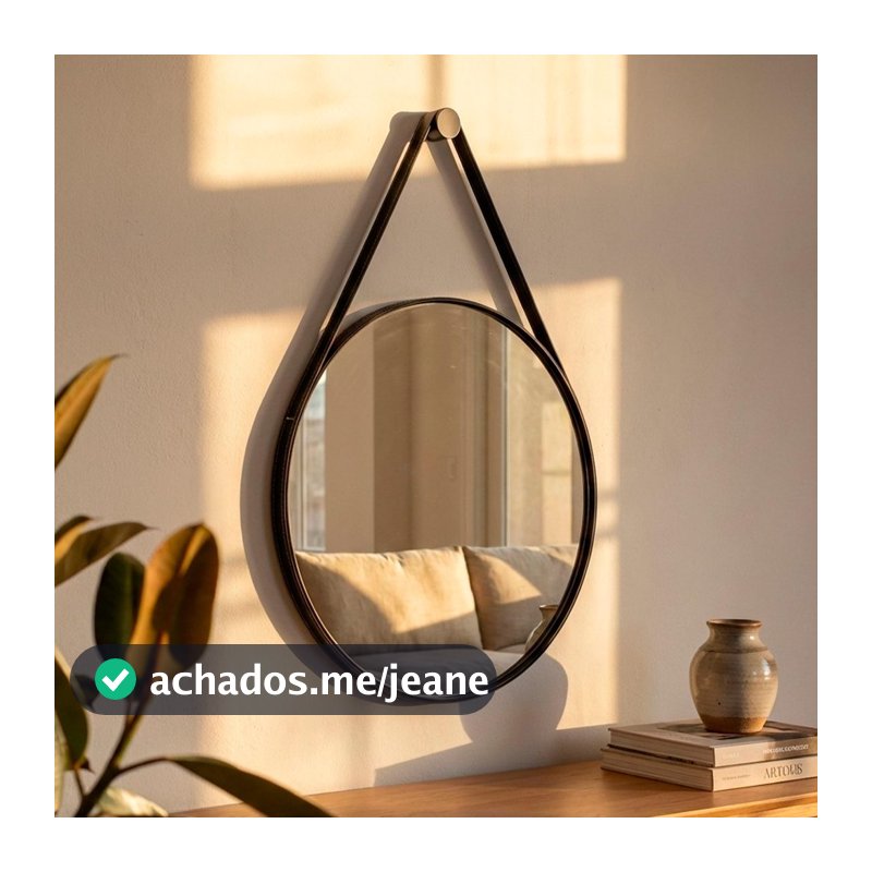 Espelho Redondo Decorativo Suspenso Alça 60cm + Pino Suporte para Banheiro Sala Quarto
