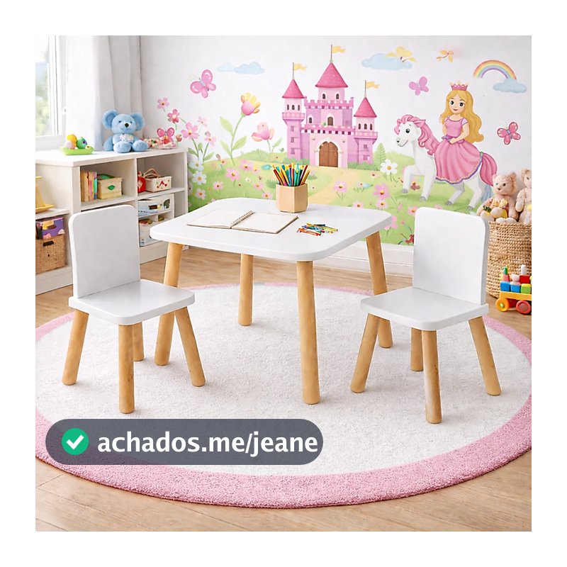 Mesa Infantil 60x60 MDF Com 2 Cadeiras Branca Pés Madeira Criança Resistente Educativo