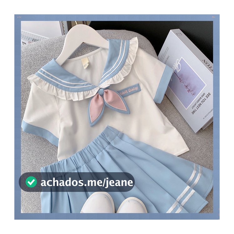 Conjunto De 2 Peças Terno Para Crianças Camiseta Azul Saia Plissada Menina 3 7 8 12 14 Anos JK Uniforme Bebê Faculdade E