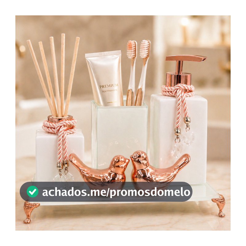 Kit Lavabo Luxo Vidro Square Branco Degrade com Porta Escova Pássaros Bandeja Saboneteira e Aromatizador