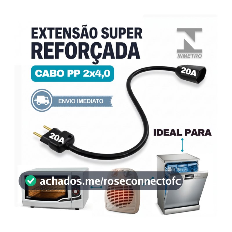 Extensão 20A Reforçada Cabo PP 2X4mm - 1/2/3/5/10 Metros | Bivolt | Para Aquecedor, Forno, Lava Louças, Microondas