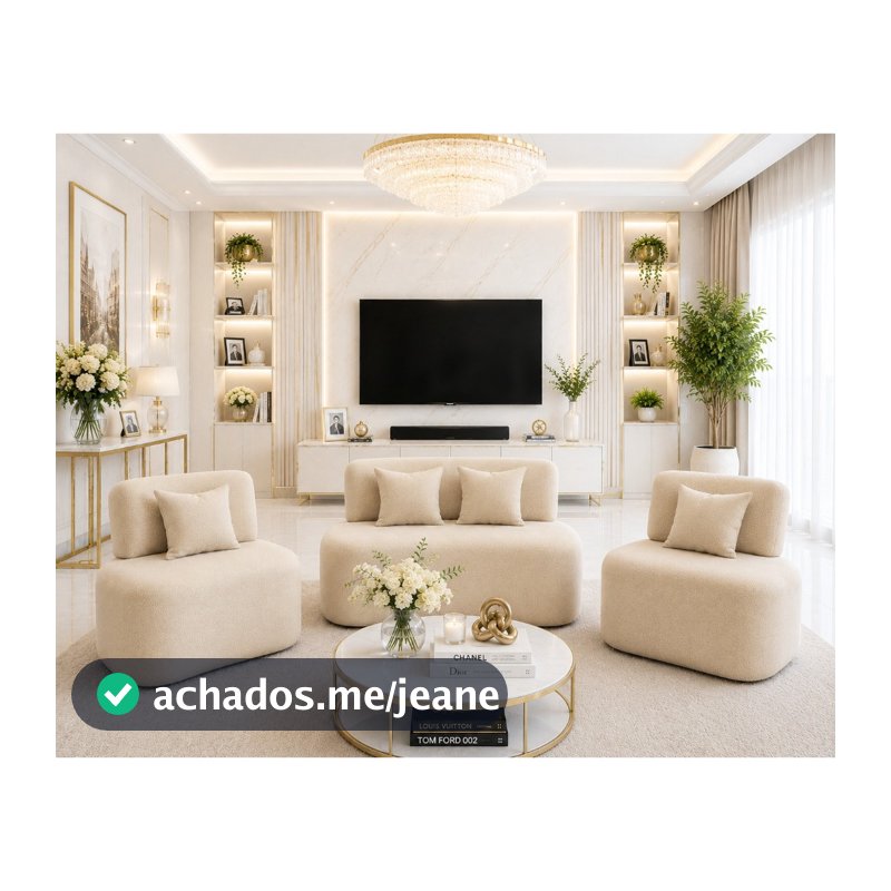 Kit Sofá Curvo Organico + 02 Poltronas Tecido Boucle Para Sala De Estar Visammer