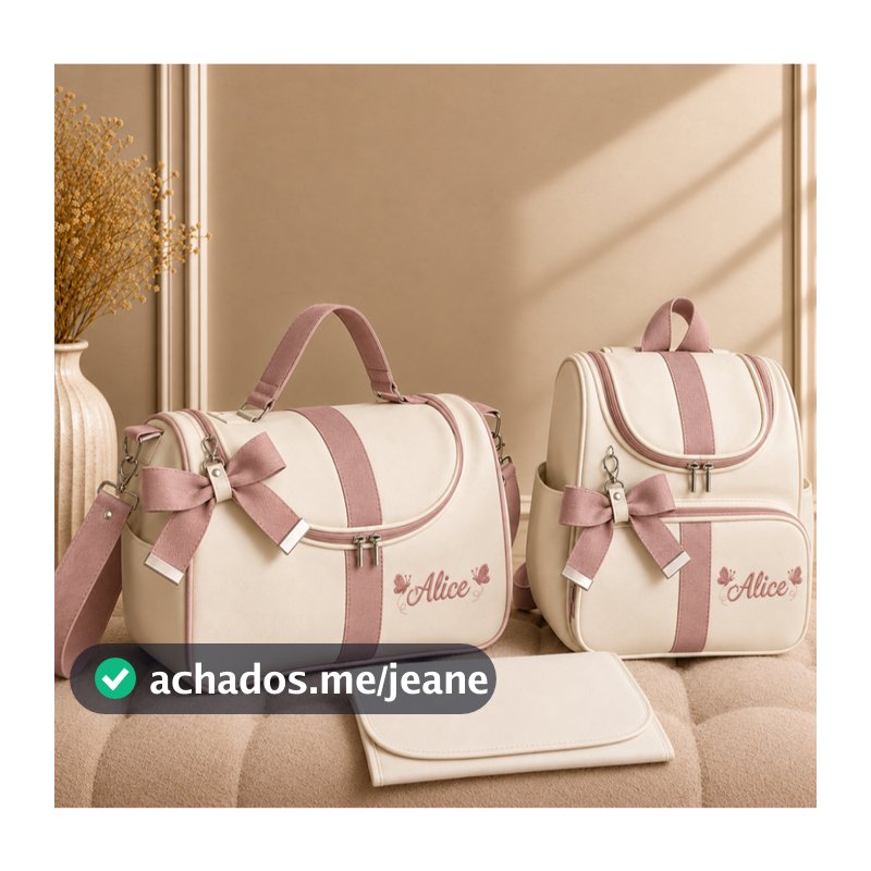 Kit Maternidade Mochila e Frasqueira Com Trocador Personalizado e Bordado com Laço