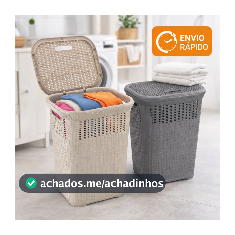 Cesto de Roupa Rattan 50L com Tampa Basculada Grande Lavanderia Premium