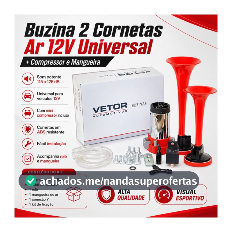 Buzina 2 Cornetas Ar 12v Universal + Compressor E Mangueira Carros Motos Caminhões Lanchas VT042