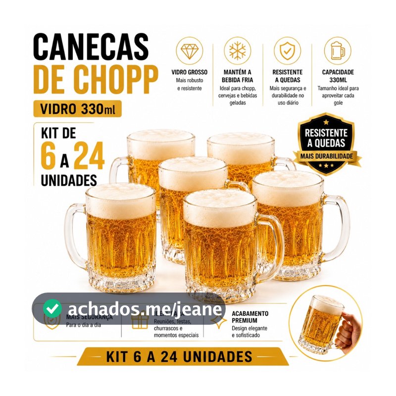 Canecas de Chopp Vidro 330ml Kit 6 a 24 Grosso Resistente a Queda Cerveja Bar Churrasco