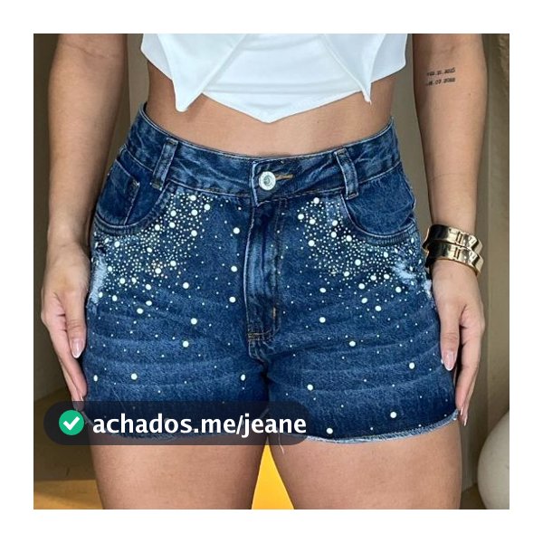 Short Jeans Feminino Cintura Alta Com Strass e Pedras Brancas | 100% Algodão | Sem Elastano |Verão