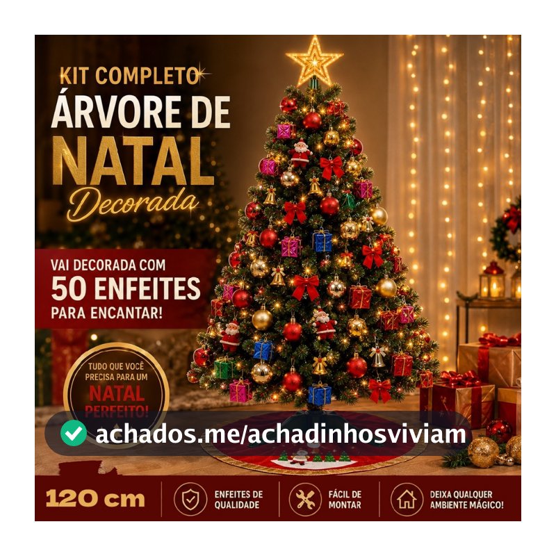 Arvore de Natal Decorada 120cm 120 Galhos + 50 Enfeites Completa Enfeitada Pinheiro Verde Pisca Led Decoração Top
