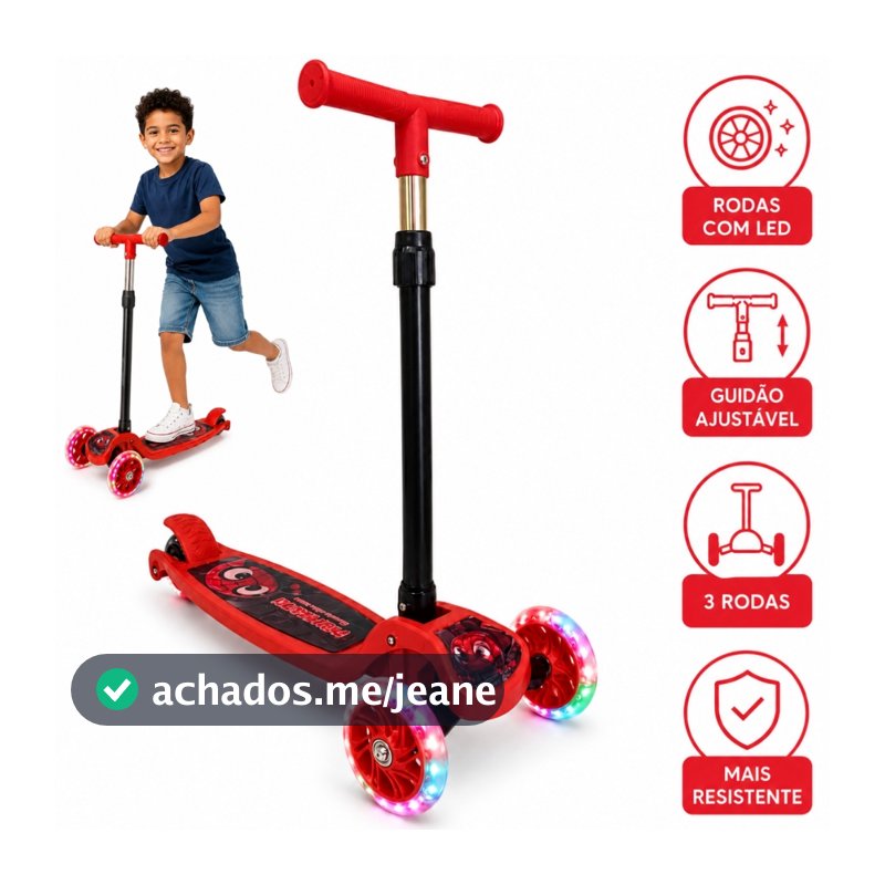 Patinete Infantil 3 Rodas Menina Menino LED Freio Guidão Ajustável Pequeno
