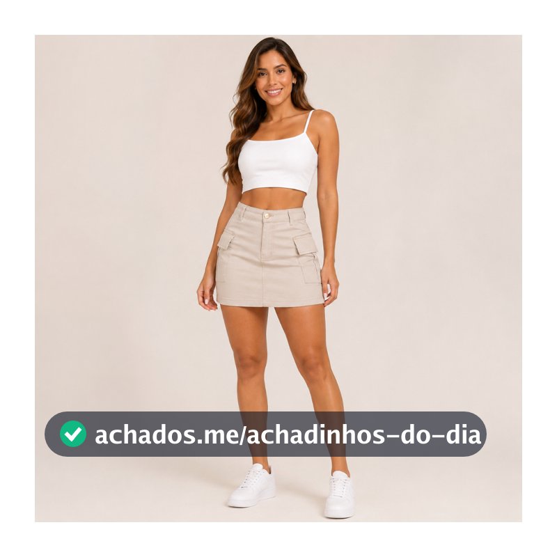 Saia Cargo Bege Jeans Feminino Cintura Alta Bolso Lateral Com Lycra  Moda Verão 2026 Stillger