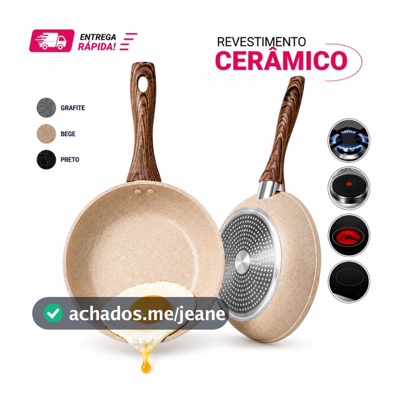 Frigideira Cerâmica Cabo Aço Inox  Antiaderente Indução Gás Soft Touch Premium Preta Bege Cinza Pequena Grande