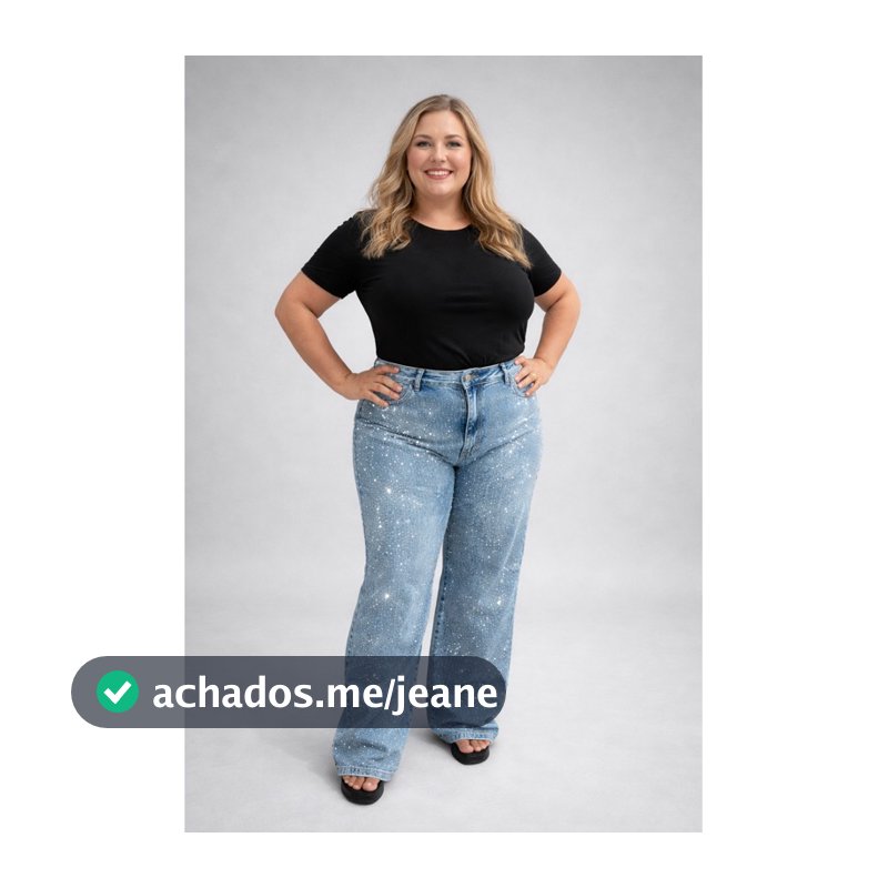 Calça Jeans Pantalona Wide Leg Cargo Plus Size 46 Ao 56 Strass Brilho