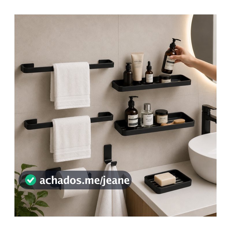 Kit Acessórios Para Banheiro 6 Peças Preto Fosco Com Toalheiro E Prateleira