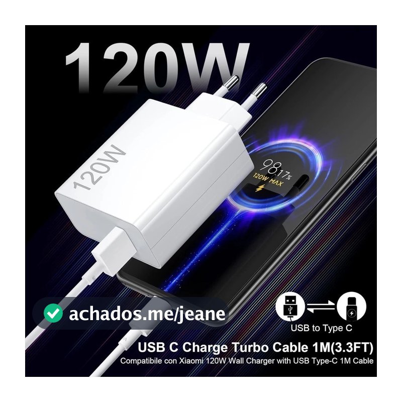 Carregador rápido de 120W com 6A USB C cabo 1M para Mi Turbo Charge Turbo Power Cabo USB + Cabo Tipo C
