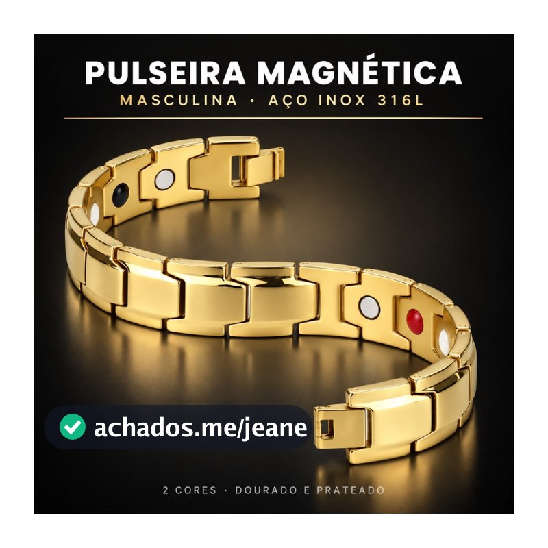 Pulseira Masculina Magnética Aço Inox Banhada Ouro 18k Bracelete Elos Ajustável Unissex Luxo Presente