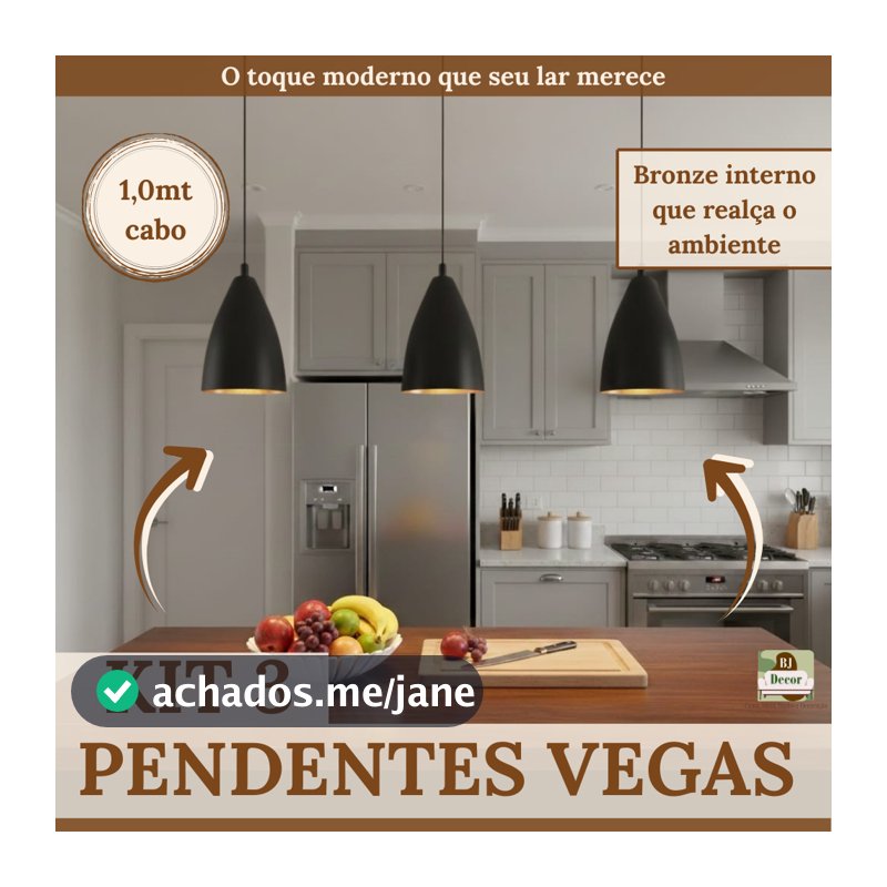 Kit 3 Pendente Luminária Vegas Preta | Luminária Pendente Moderna para Balcão e Cozinha