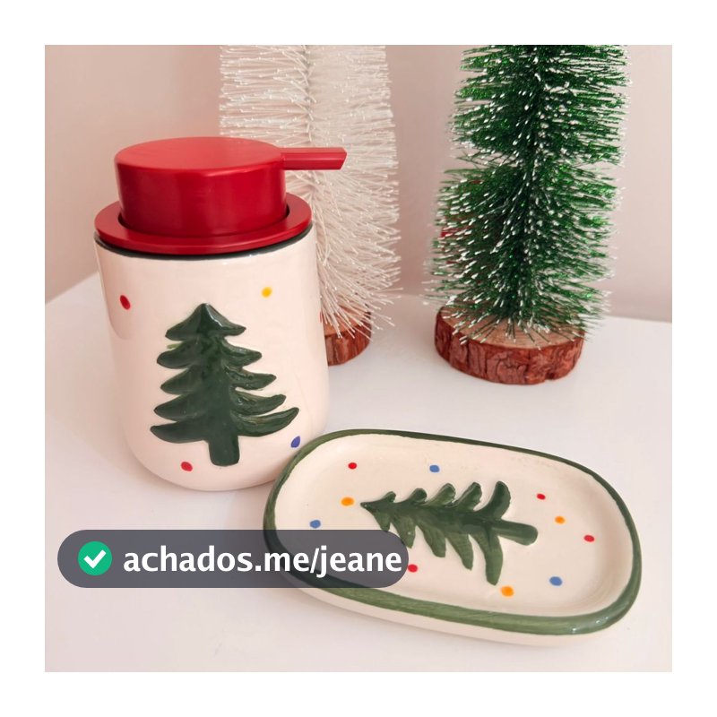 KIT DE BANHEIRO NATALINO EM CERAMICA ARVORE DE NATAL 13CM - 2 PEÇAS